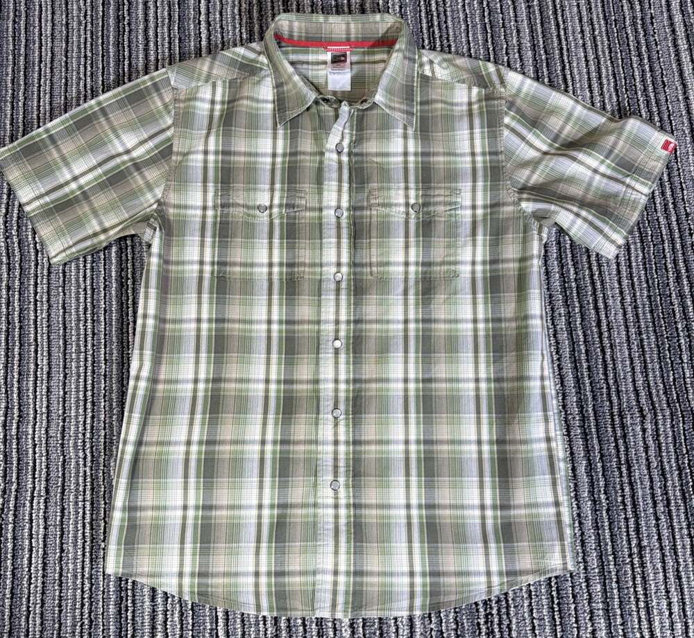 The North Face Shirt Mens M Green Cotton Pearl Snap Buttons Plaid Short Sleeve